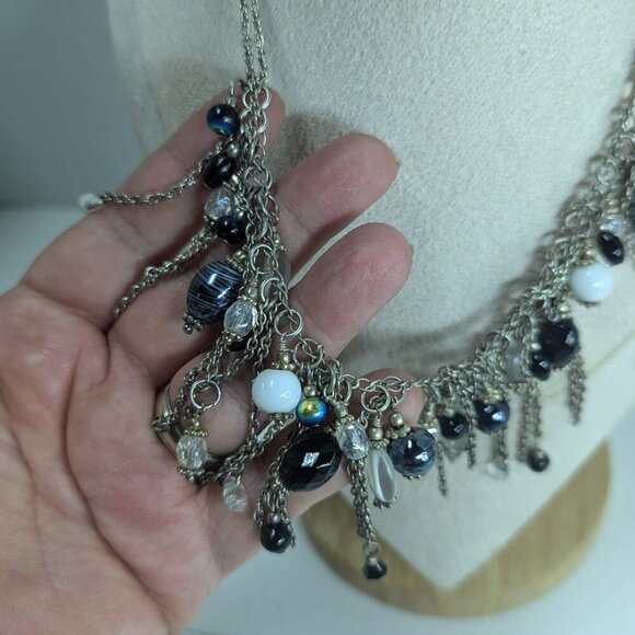 Bib Style Art Glass Beaded Necklace Vintage Silver Tone Doble Chain - Picture 6 of 6